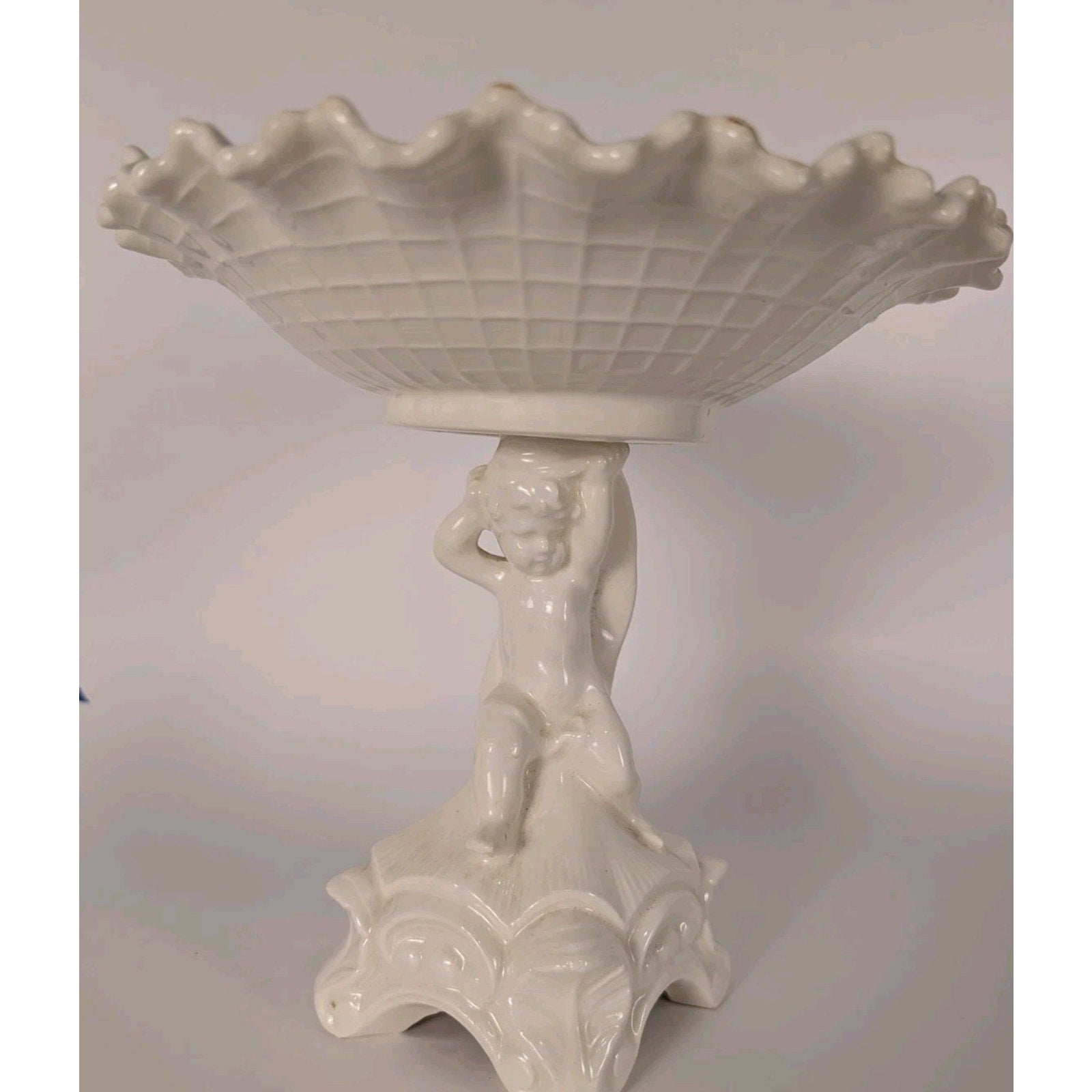Vintage White Cherub Pedestal Compote Dish Romantic Cottage Candy Dish Planter